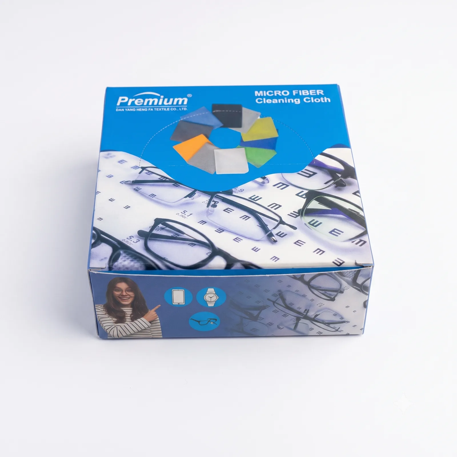 Boxed microfiber eyeglass cleaning cloths for opticians