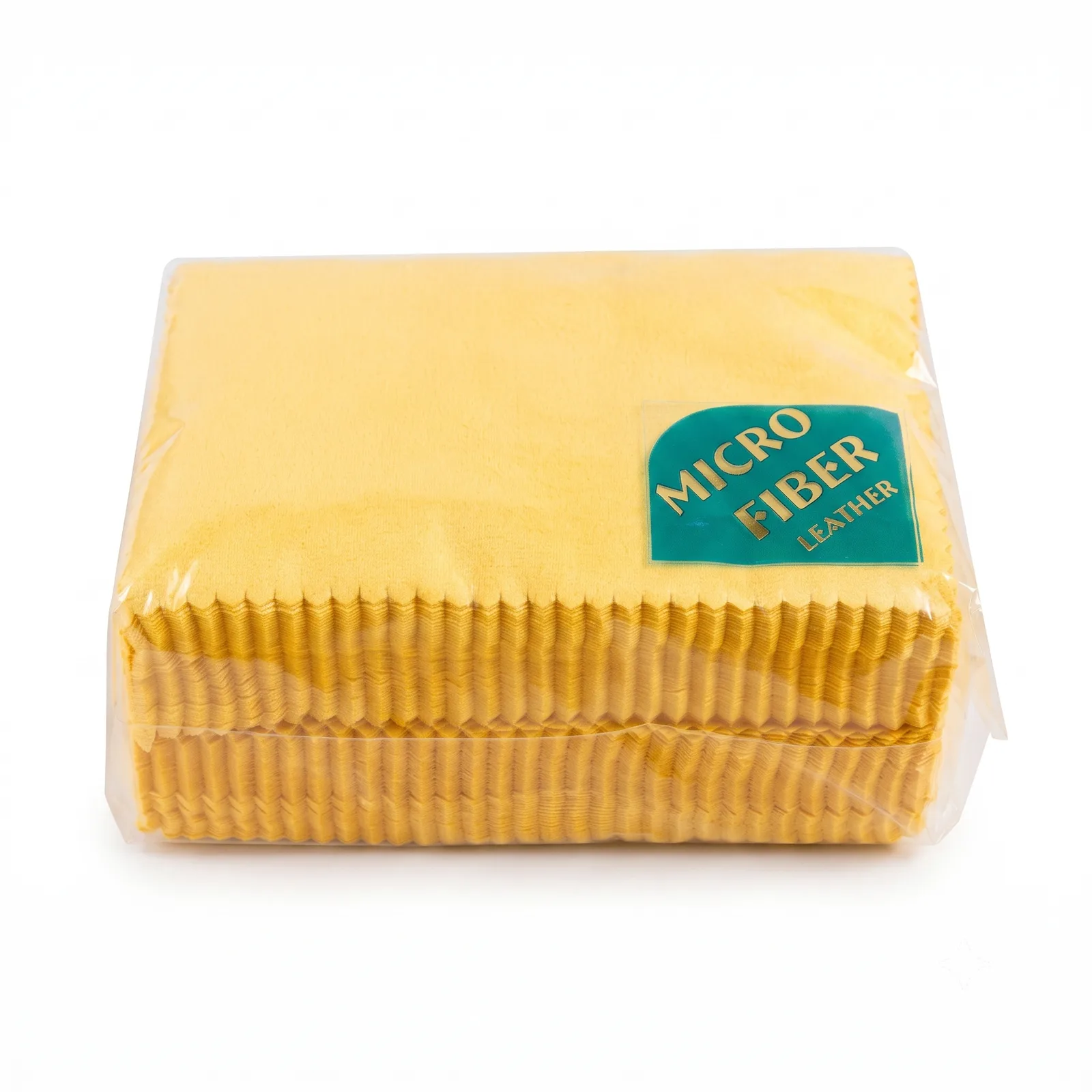 Yellow microfiber leather eyeglass cleaning cloths in a sealed pack