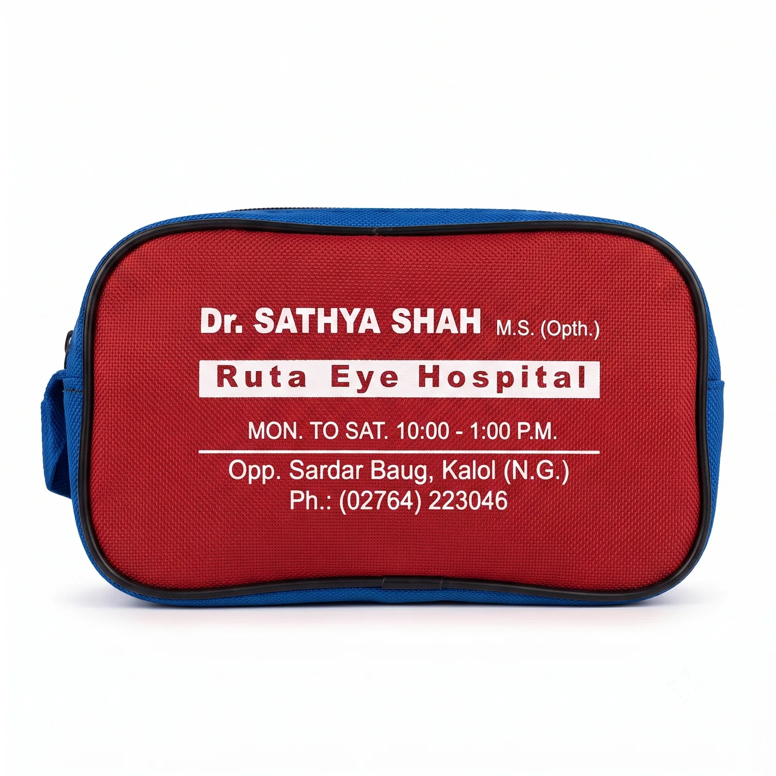Red and blue zip pouch printed with an eye hospital name, hours and address