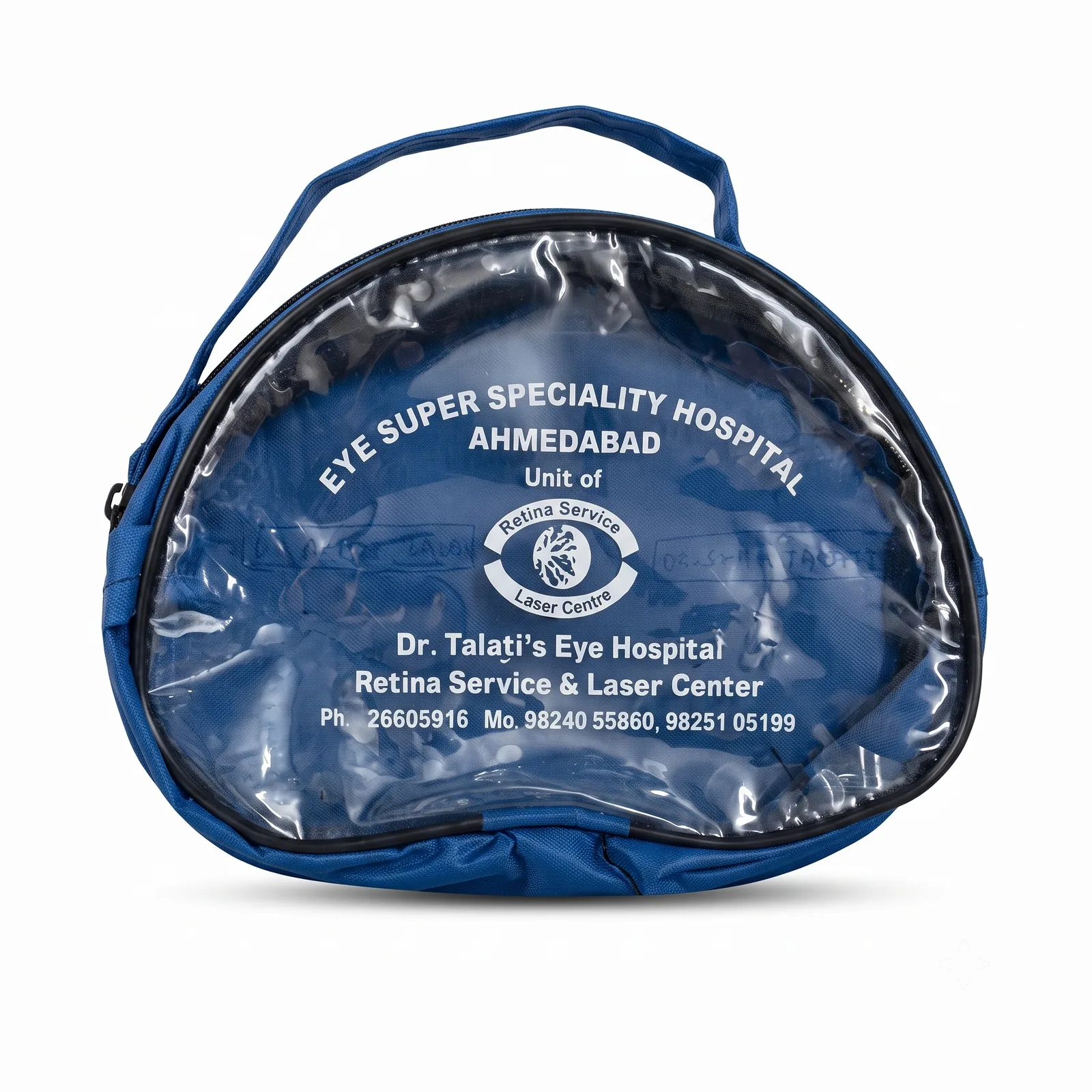 Round zip pouch with a clear front, printed with an eye hospital name and contact details